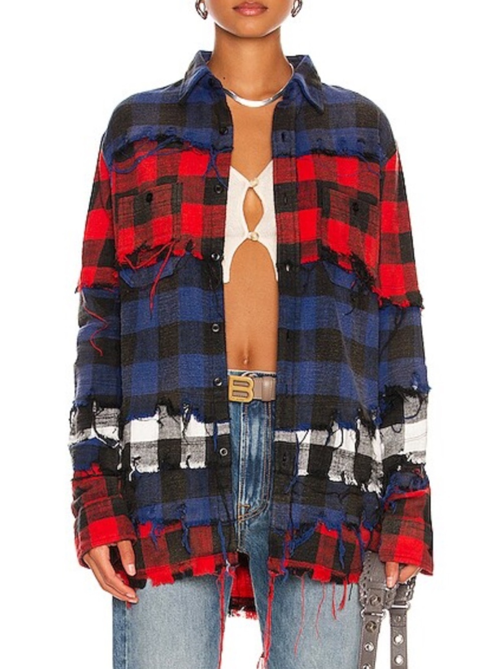 R13 Distressed Pieced Shirt in Red/Blue Plaid Size Medium